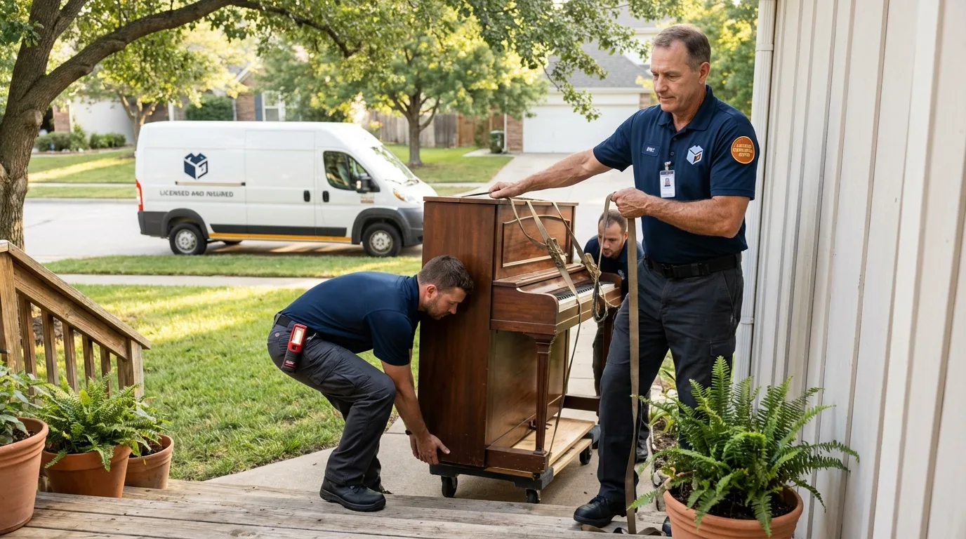 Licensed piano movers securing grand piano in Atkins, VA