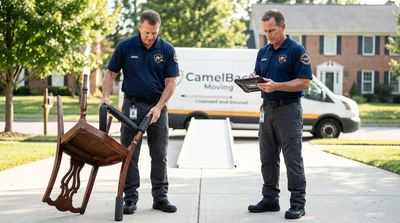 Movers inspecting furniture for damage prevention before loading in Atkins, VA