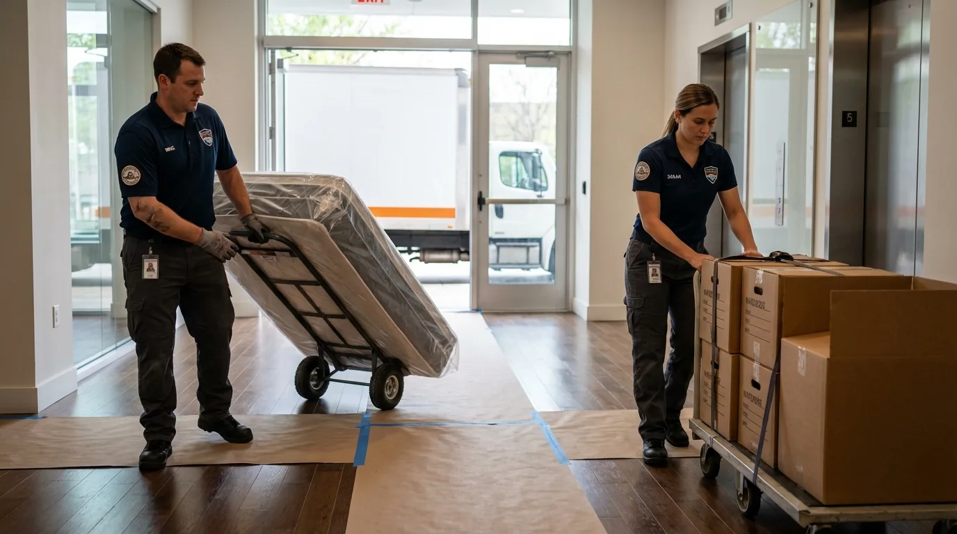 Professional apartment movers loading elevator in Atkins, VA